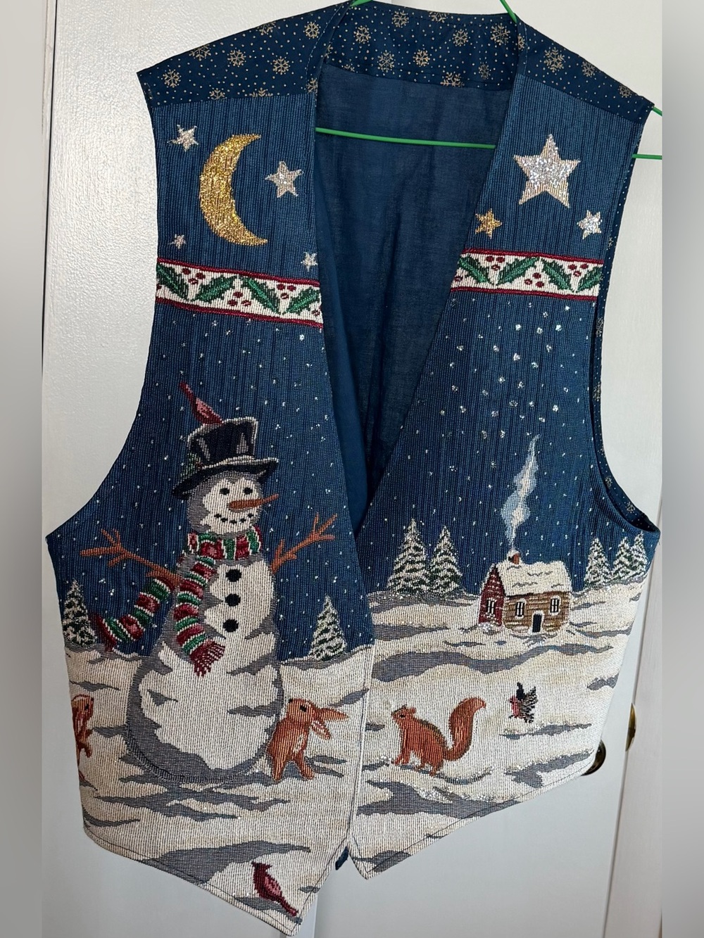 Vintage Snowman Tapestry Christmas Vest Cottagecore Winter Woodland XL